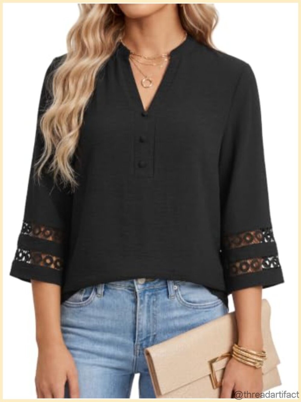 Women's V Neck 3/4 Sleeve Hollow Out Dressy Casual Blouse Tunic Top
